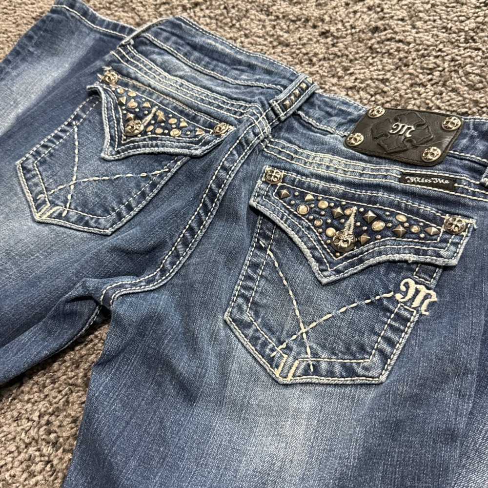Y2K Miss Me Bootcut Jeans Women Blue Excellent Studded Flap Pocket JW4288B9 28